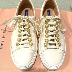 Stuart Weitzman leather with faux pearl sneakers.